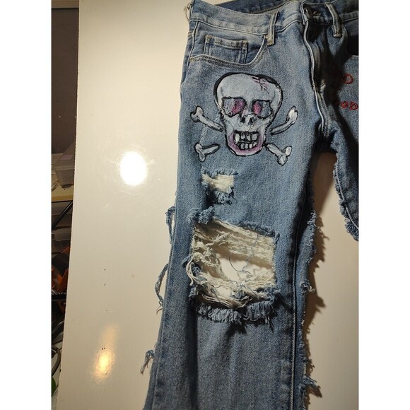 Denim Chaps Style Kendall Custom Cut Biker Jeans Distressed Custom VTG Hippie 27 - Picture 3 of 12